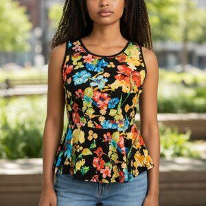 (E-138)Women’s Floral Peplum Top Sleeveless Black Multicolor‎ Size M Fashion